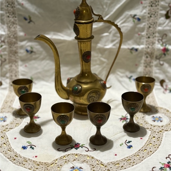 Vintage Brass Mini 8” Tea Set with Carafe and Cups - Picture 1 of 14